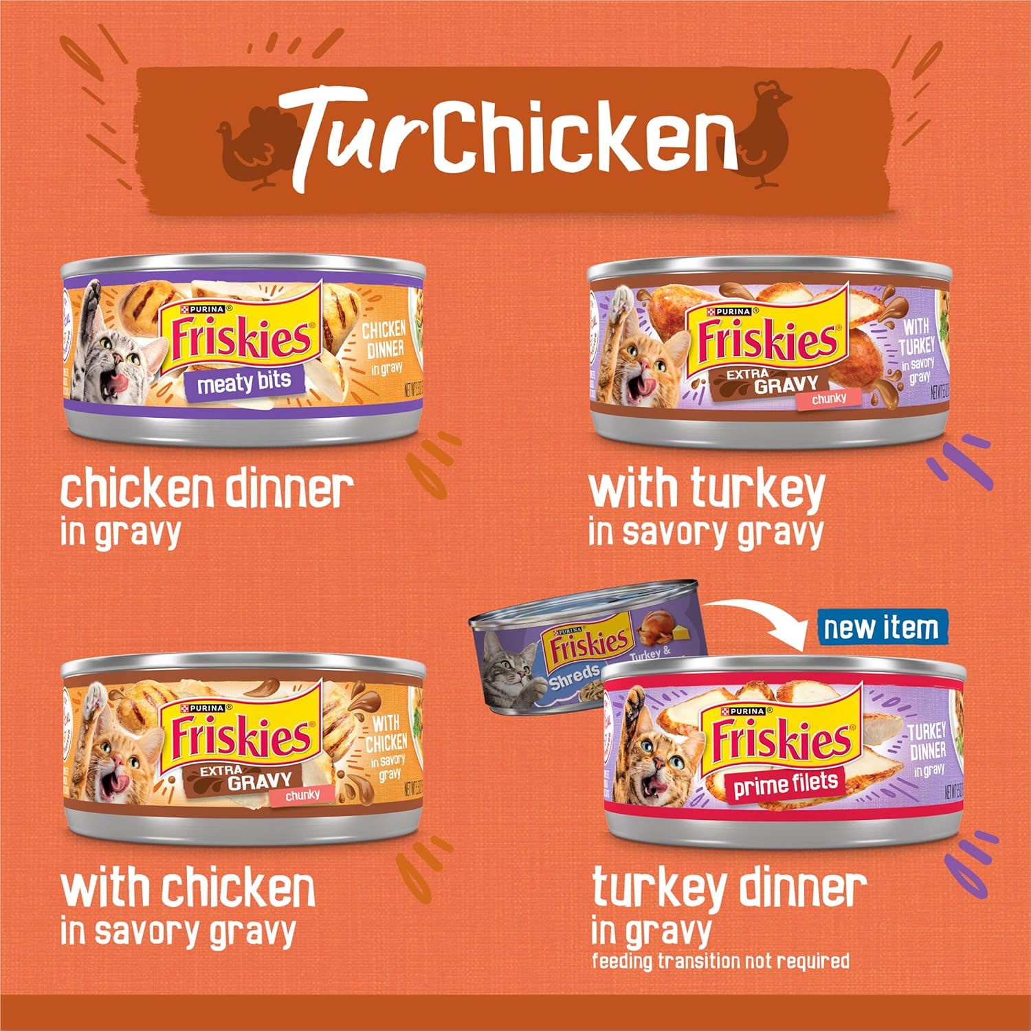 Purina Friskies Wet Cat Food Gravy Variety Pack, TurChicken Extra Gravy Chunky, Meaty Bits and Prime Filets - 48 ct. Can1