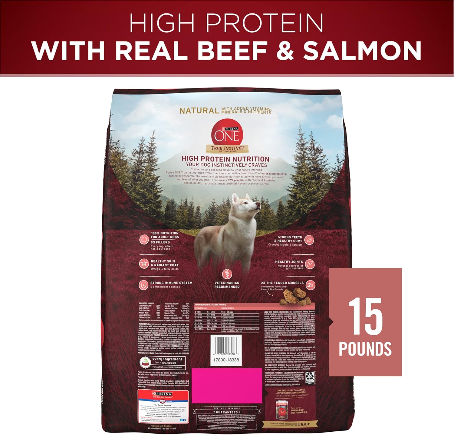 Purina ONE Natural High Protein Dry Dog Food Dry True Instinct with Real Beef and Salmon With Bone Broth and Added Vitamins, Minerals and Nutrients - 15 lb. Bag6