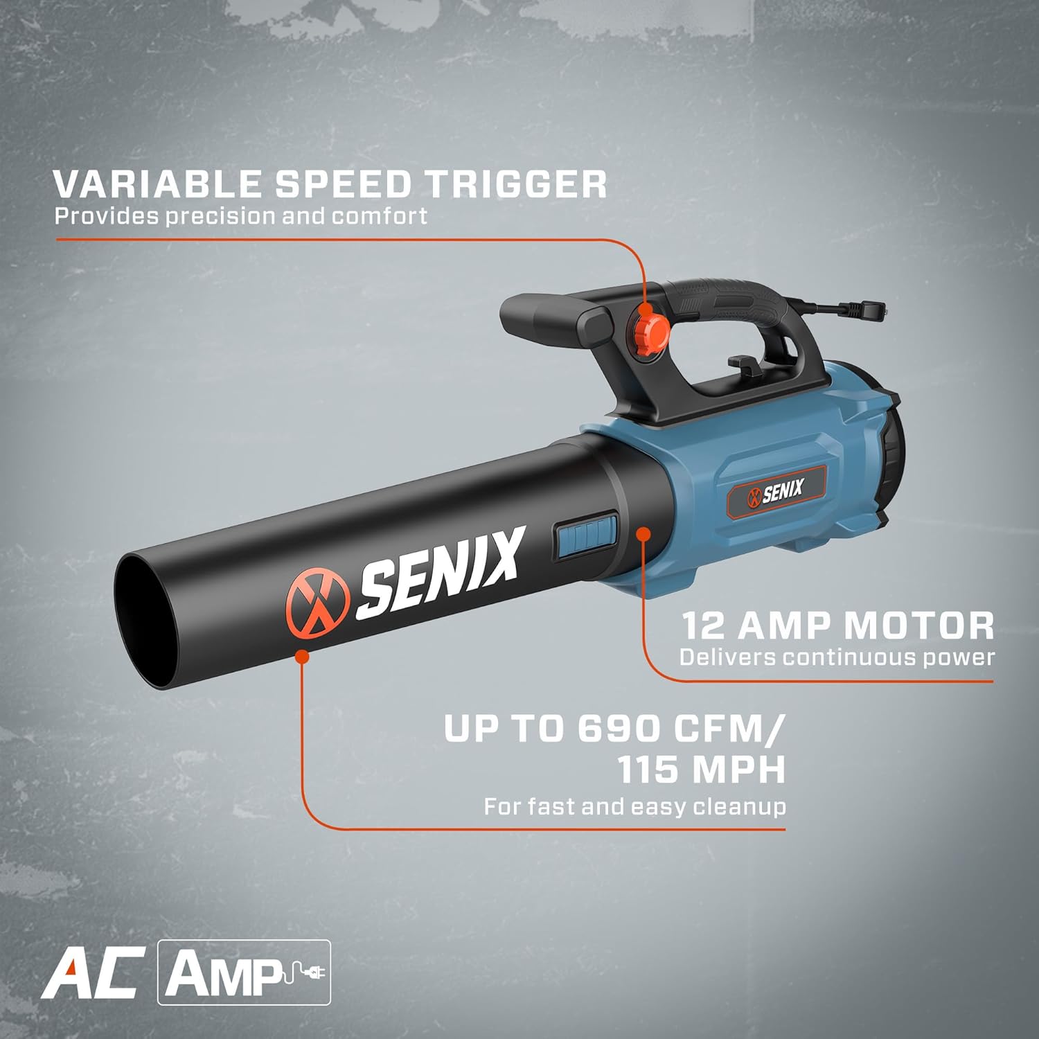 SENIX 12 AMP Handheld Electric Leaf Blower, Up to 690 CFM and 115 MPH, Variable Speed, Lightweight, 120v (BLAE12-M)6
