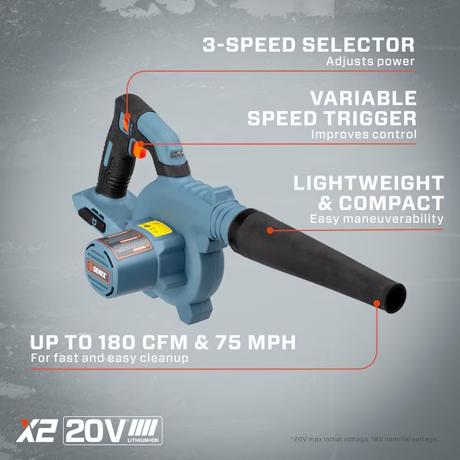 SENIX BLX2-M-0 X2 20-volt Max 75-CFM 180-MPH Battery Handheld Leaf Blower 2.5 Ah (Battery and Charger Not Included)1_11zon