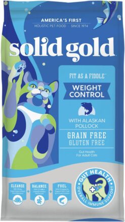 Solid Gold Fit as a Fiddle Weight Management Cat Food - Grain Free Dry Cat Food Indoor with Alaskan Pollock, Superfoods & Probiotics, 12 LB Bag