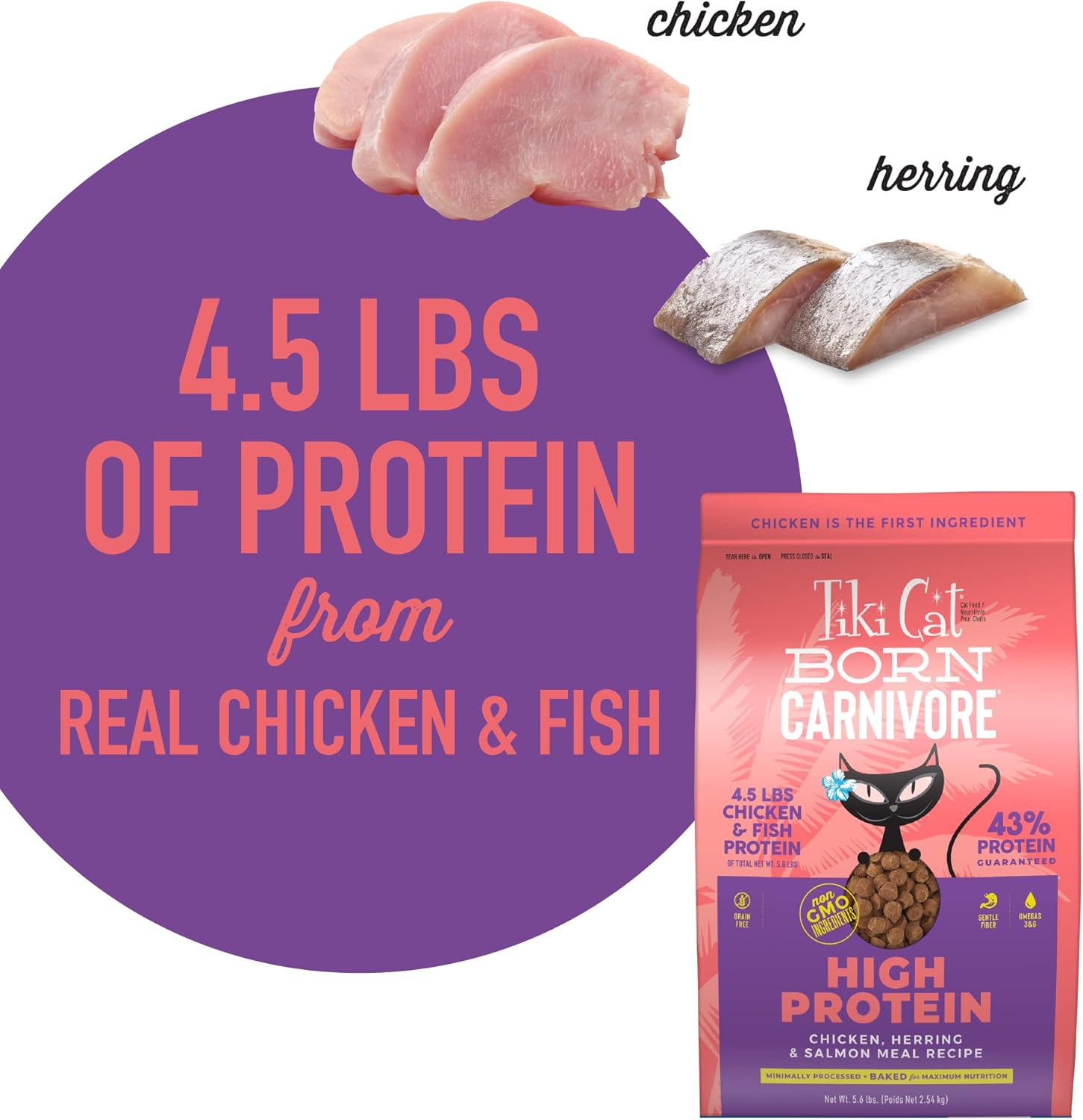 Tiki Cat Born Carnivore High Protein, Chicken, Herring & Salmon Meal, Grain-Free Baked Kibble to Maximize Nutrients, Dry Cat Food, 5.6 lbs. Bag