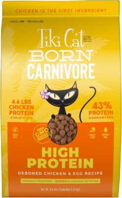 Tiki Cat Born Carnivore High Protein, Deboned Chicken & Egg, Grain-Free Baked Kibble to Maximize Nutrients, Dry Cat Food, 5.6 lbs. Bag
