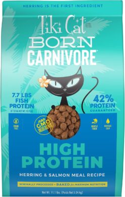 Tiki Cat Born Carnivore High Protein, Herring & Salmon Meal, Grain-Free Baked Kibble to Maximize Nutrients, Dry Cat Food, 11.1 lbs. Bag