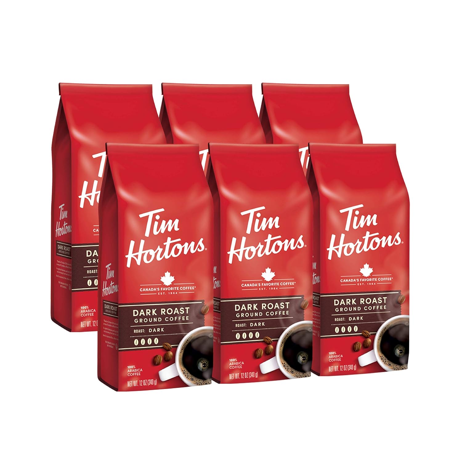 Tim Hortons Dark Roast, Rich Ground Coffee, Perfectly Balanced, Always Smooth, Made with 100% Arabica Beans, 72 Ounce, 12 Oz (Pack of 6) Tim Hortons Dark Roast, Rich Ground Coffee, Perfectly Balanced, Always Smooth, Made with 100% Arabica Beans, 72 Ounce, 12 Oz (Pack of 6), Red