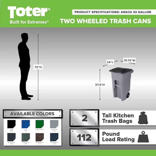 Toter 32-Gallon Blackstone Plastic Wheeled Indoor Outdoor Hinged Lid Trash Can ANA32-107671_11zon