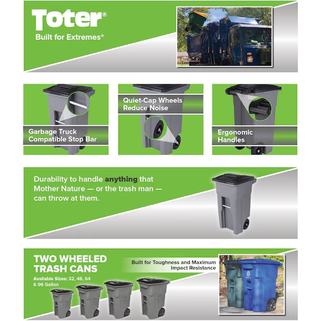 Toter 32-Gallon Blackstone Plastic Wheeled Indoor Outdoor Hinged Lid Trash Can ANA32-107672_11zon