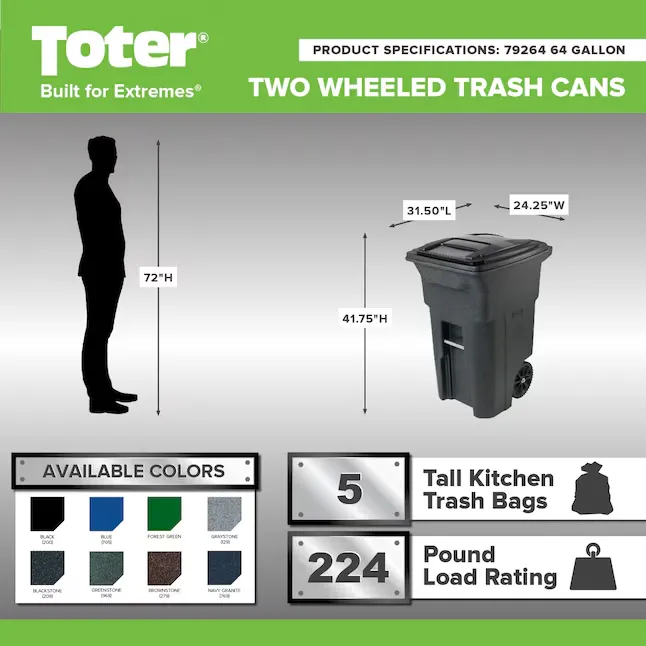 Toter 79264-B0200 64-Gallon Black Plastic Wheeled Indoor 9_11zon