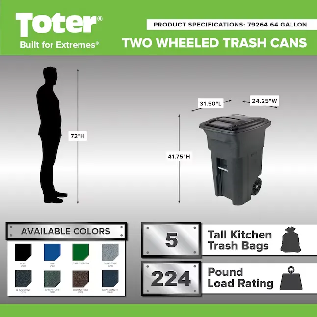 Toter 79264-R2200 64-Gallon Black Resin Wheeled Outdoor Hinged Lid Trash Can 1_11zon