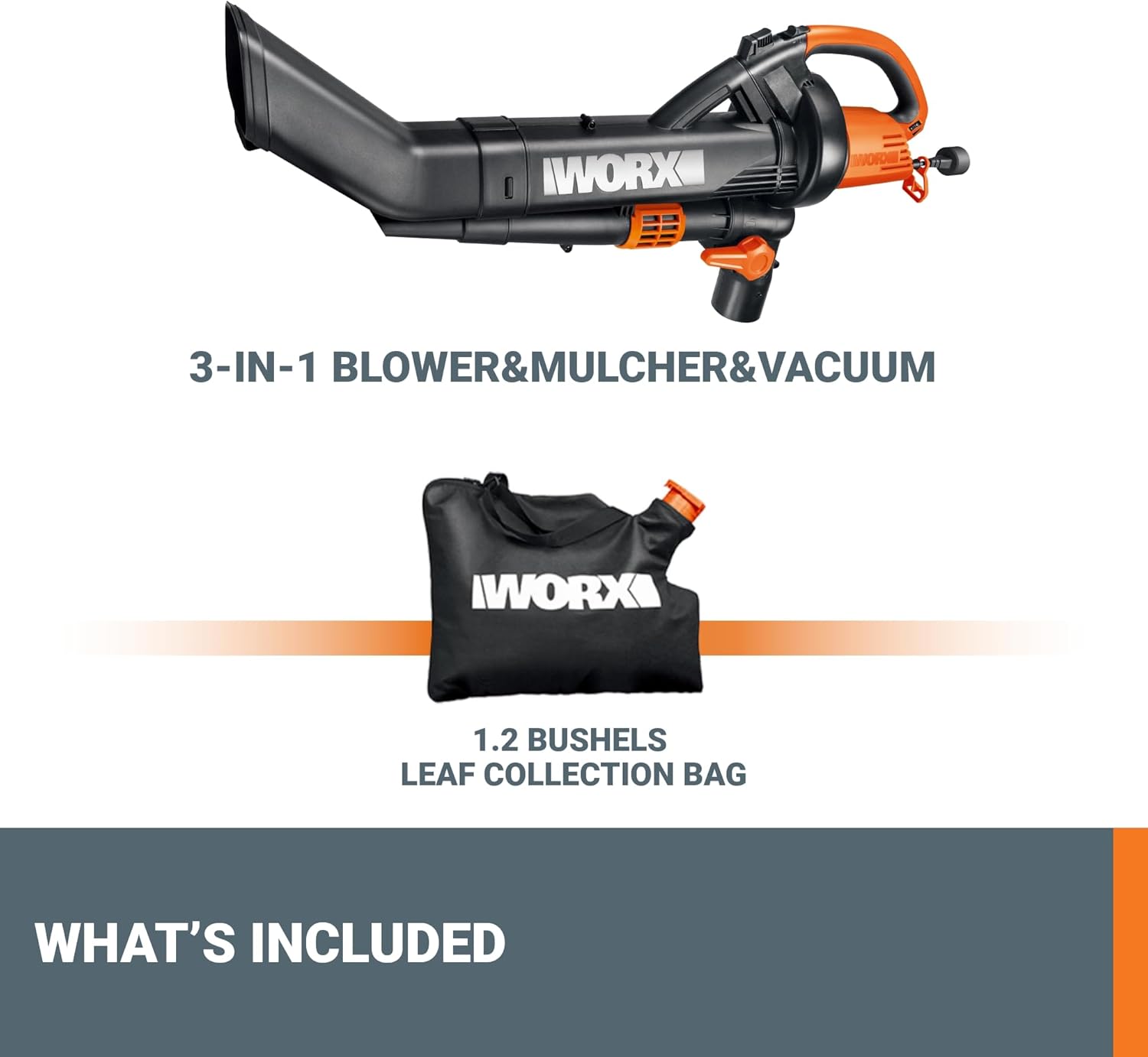 WORX 12 Amp Trivac 3-in-1 Electric Leaf Blower Mulcher Vacuum WG509 Metal Impeller for Fine Mulching132