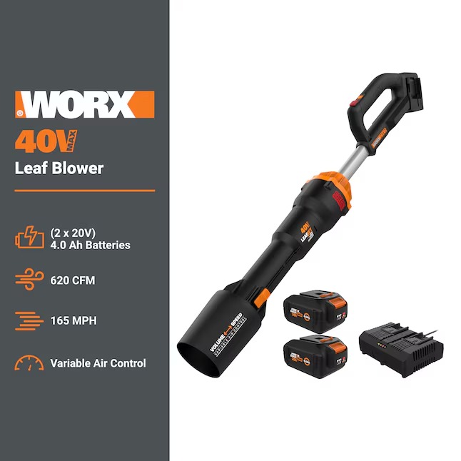 WORX WP595 Nitro Power Share 40-volt 620-CFM 165-MPH Battery Handheld Leaf Blower 4 Ah (Battery and Charger Included)1_11zon