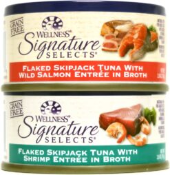 Wellness Natural Grain Free Signature Selects Flaked Wet Cat Food Variety Pack Box - 2 Flavors (Wild Salmon & Shrimp) - 2.8 Ounces Each (12 Total Cans)