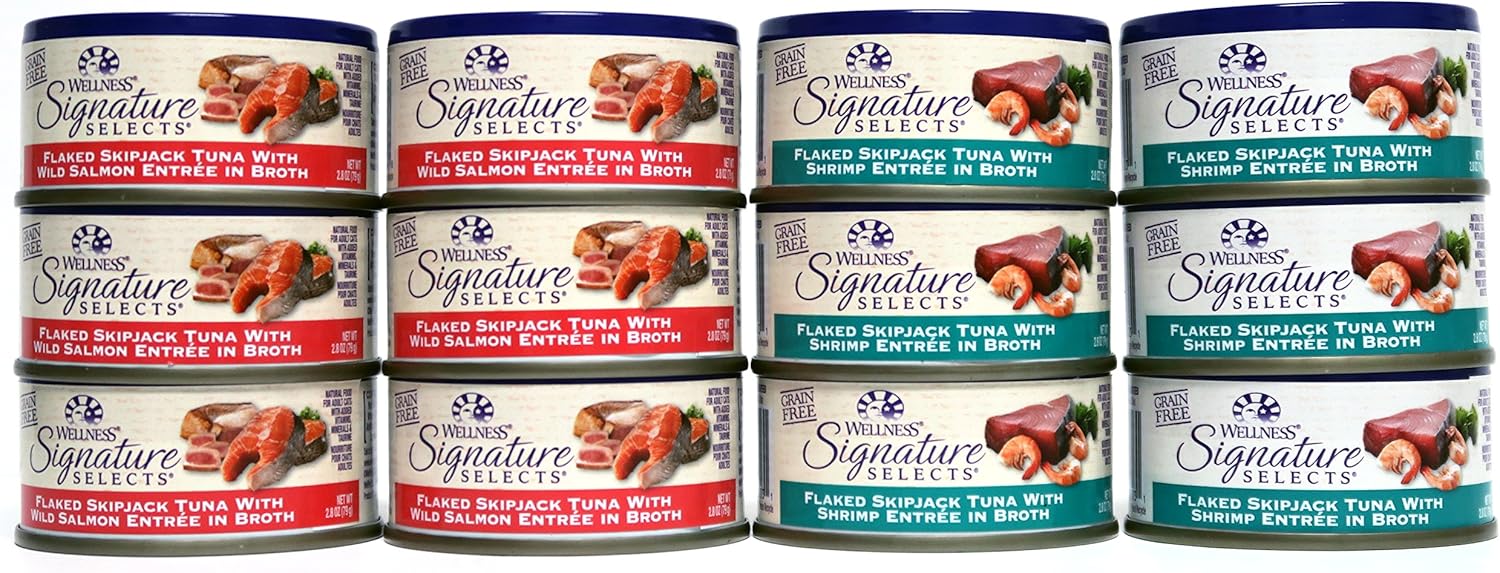Wellness Natural Grain Free Signature Selects Flaked Wet Cat Food Variety Pack Box - 2 Flavors (Wild Salmon & Shrimp) - 2.8 Ounces Each (12 Total Cans)1