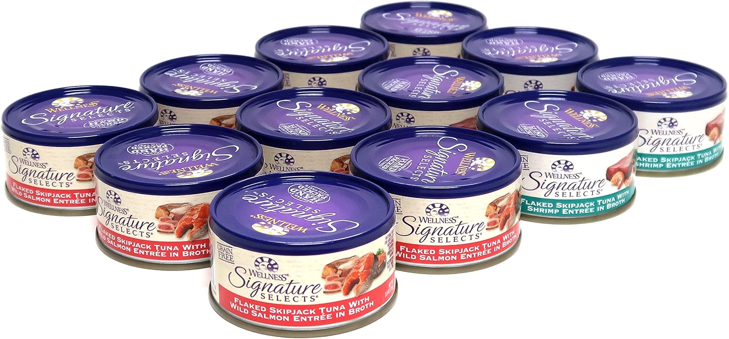 Wellness Natural Grain Free Signature Selects Flaked Wet Cat Food Variety Pack Box - 2 Flavors (Wild Salmon & Shrimp) - 2.8 Ounces Each (12 Total Cans)2