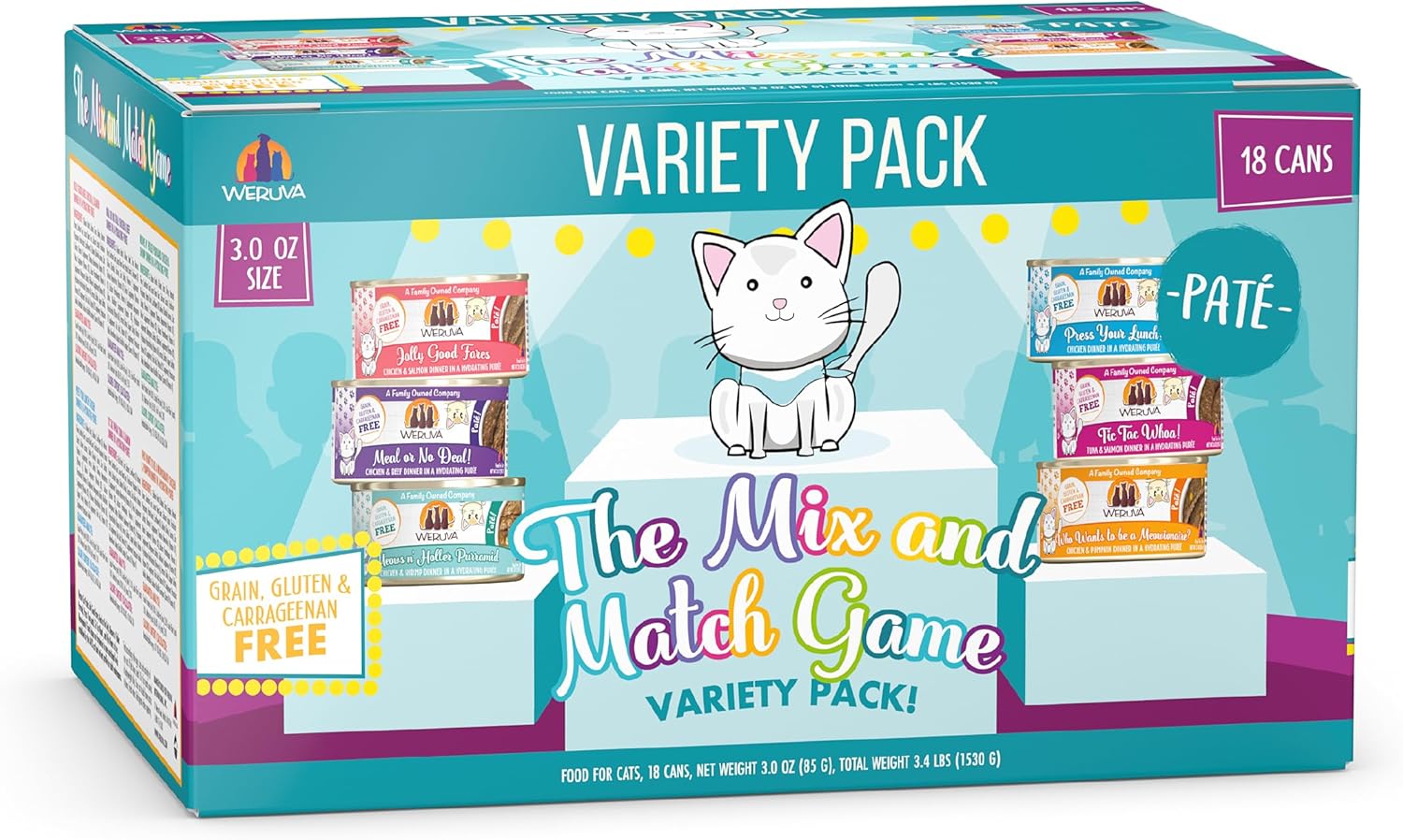 Weruva Wet Cat Food, The Mix and Match Game Pate Variety Pack, 3oz Can, Pack of 18 Weruva Wet Cat Food, The Mix and Match Game Pate Variety Pack, 3oz Can, Pack of 18