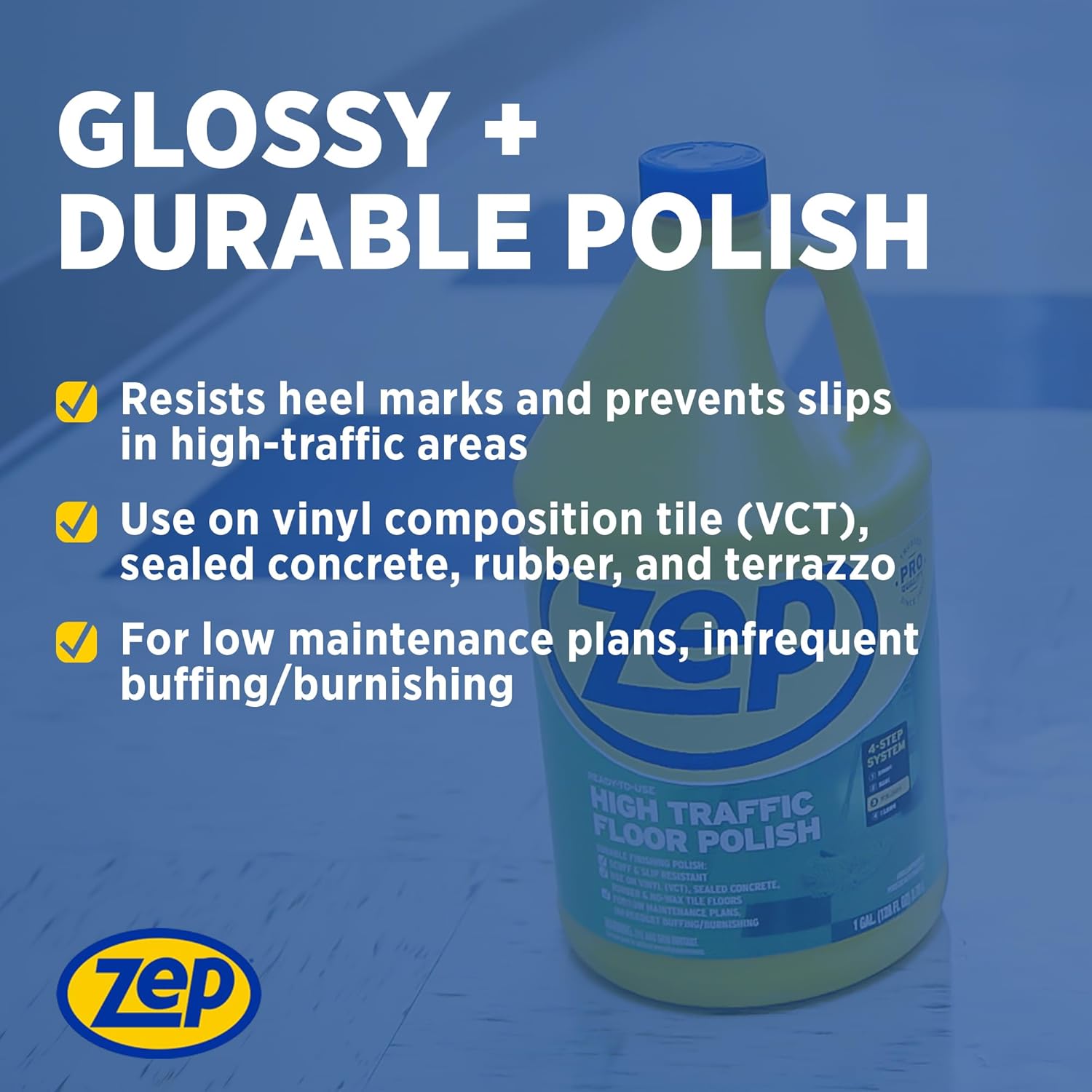Zep High Traffic Floor Polish - 5 Gal (1 Pail) ZUHTFF5G - Scuff and Slip Resistant Durable Floor Finishing Polish for Vinyl (VCT), Sealed Concrete, Rubber, Tile, and Terrazzo Floors2