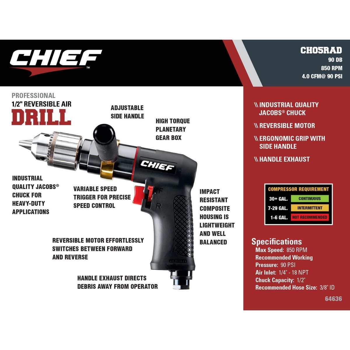 CHIEF 1 2 in. Professional Reversible Air Drill1