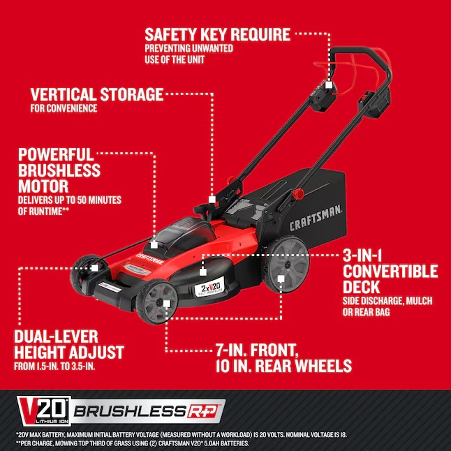 CRAFTSMAN CMCMWSP220P2 Self-Propelled Cordless Mower 20-volt 20-in Cordless Self-propelled Lawn Mower 5 Ah (2-Batteries and Charger Included)3_11zon