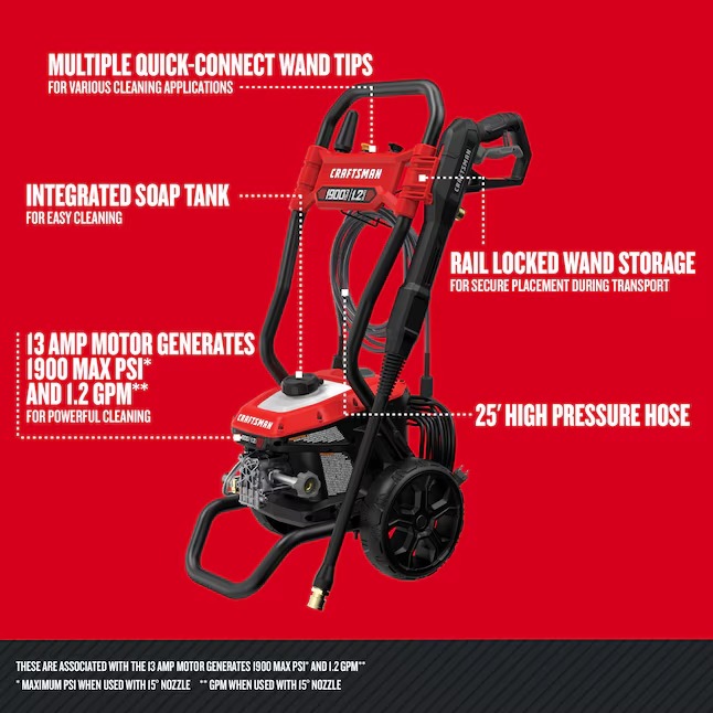 CRAFTSMAN CMEPW1900VA 1900-PSI 1.2-GPM Cold Water Electric Pressure washer with 3 Spray Tips and Surface Cleaner2_11zon