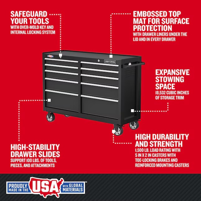CRAFTSMAN CMST98273BK 2000 Series 52-Inches W x 37.5-Inches H 10 -Drawer Steel Rolling Tool Cabinet ( Black )45_11zon