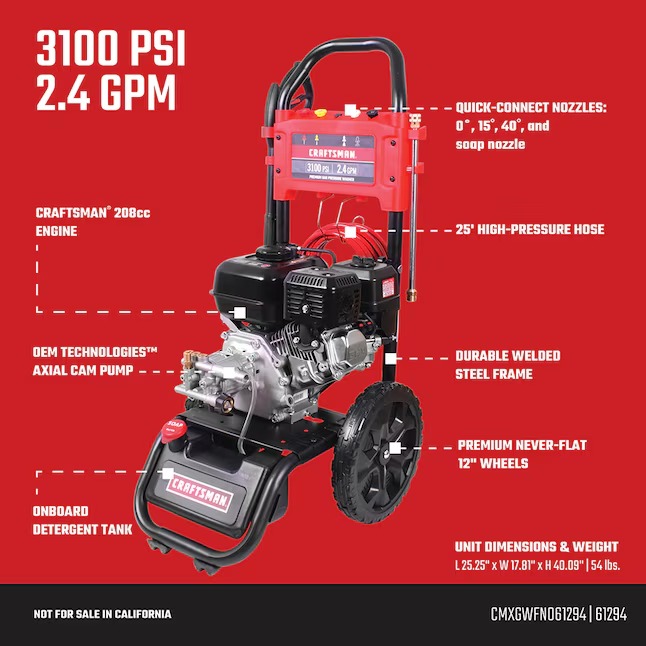 CRAFTSMAN CMXGWFN061294 (49-State) 3100 PSI 2.4-GPM Cold Water Gas Pressure Washer with 4 Spray Tips6_11zon