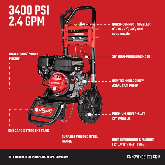CRAFTSMAN CMXGWFN061317 (50-State) 3400-PSI 2.4-GPM Cold Water Gas Pressure washer with 4 Spray Tips3_11zon