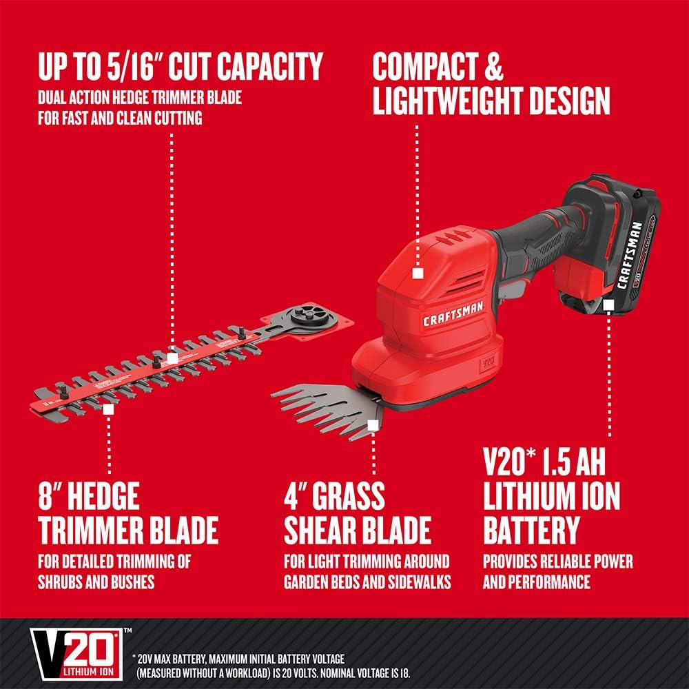 CRAFTSMAN V20 Cordless Handheld Grass Trimmer and Mini Hedge Trimmer Kit (CMCSS800C1)4