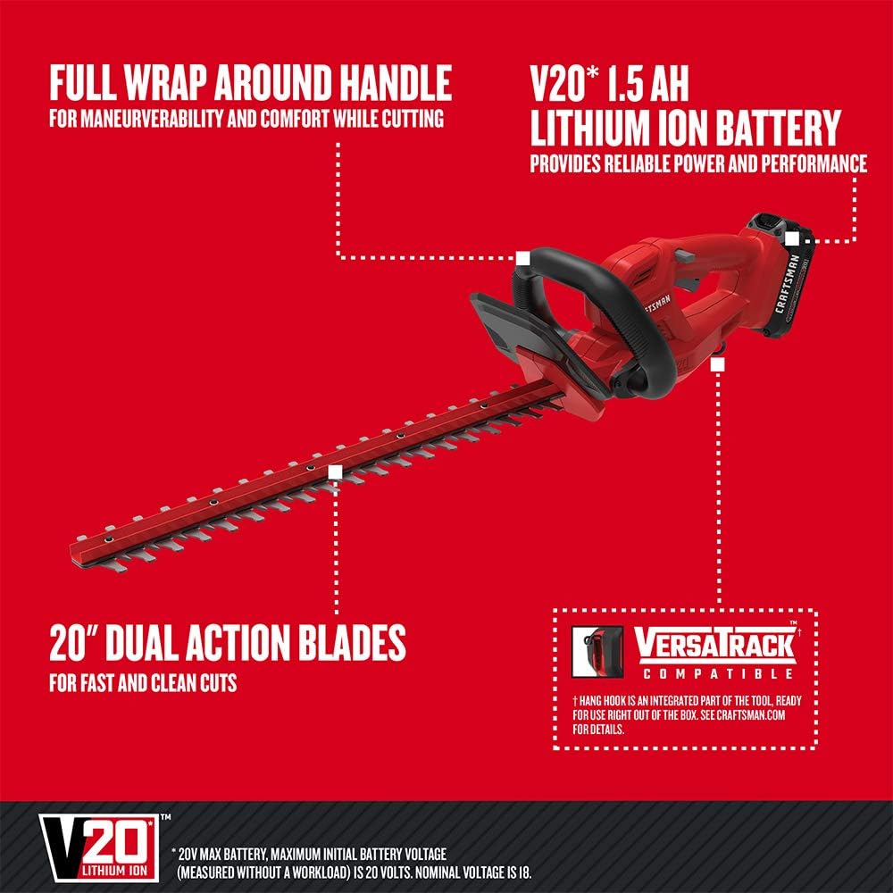 CRAFTSMAN V20 Cordless Hedge Trimmer, 20 inch, Battery and Charger Included (CMCHT810C1)4