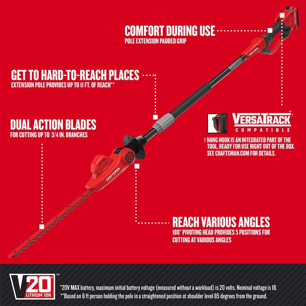 CRAFTSMAN V20 Cordless Pole Hedge Trimmer, 18-Inch, Extended Reach, Battery and Charger Included (CMCPHT818D1)1