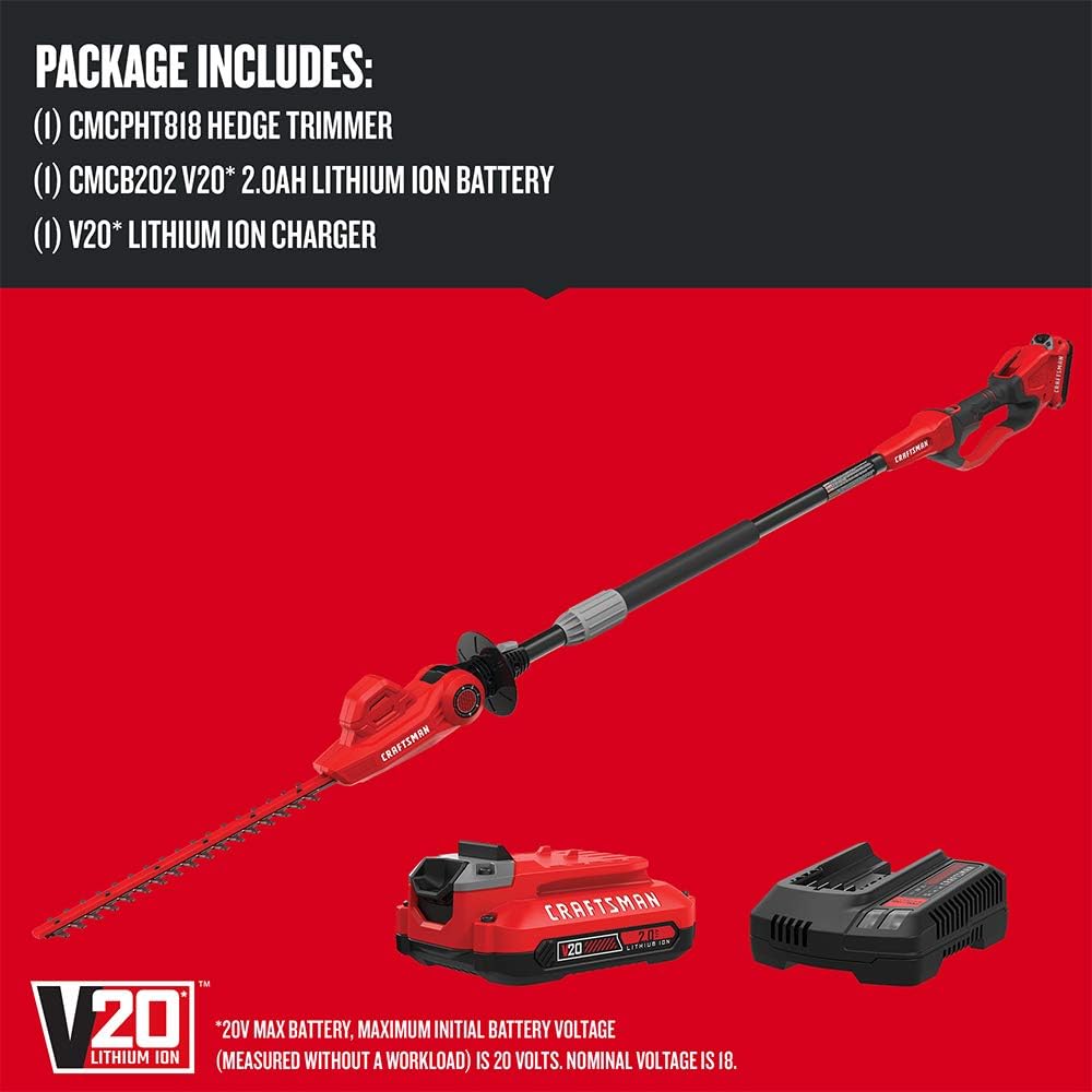 CRAFTSMAN V20 Cordless Pole Hedge Trimmer, 18-Inch, Extended Reach, Battery and Charger Included (CMCPHT818D1)2