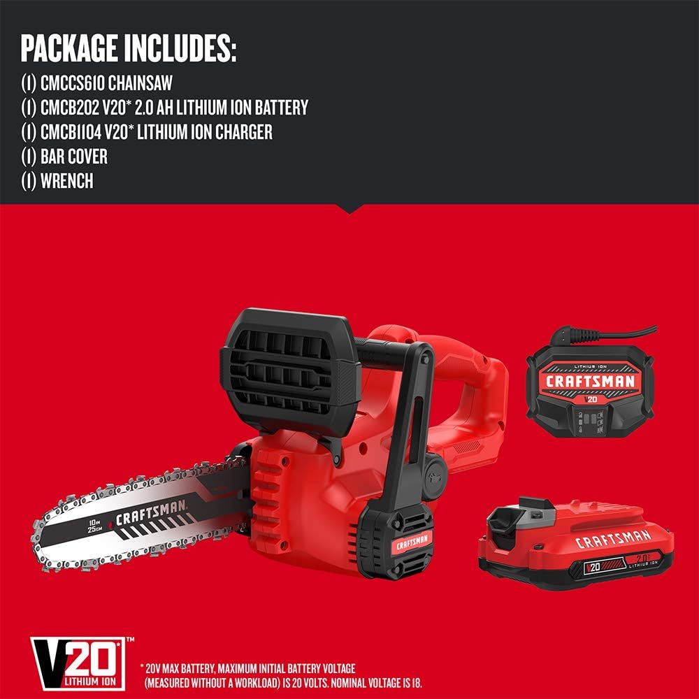 CRAFTSMAN V20 Mini Chainsaw, 10 inch, Battery and Charger Included (CMCCS610D1)1