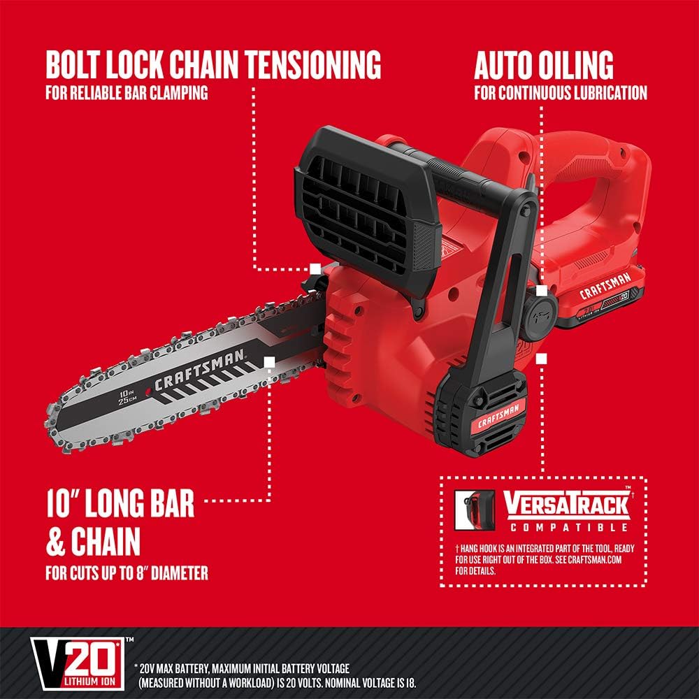 CRAFTSMAN V20 Mini Chainsaw, 10 inch, Battery and Charger Included (CMCCS610D1)2