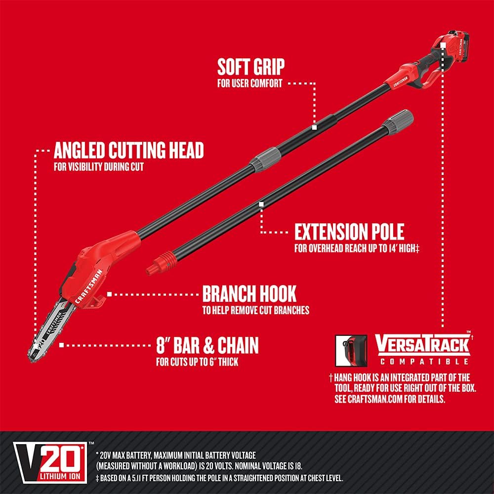 CRAFTSMAN V20 Pole Saw, Cordless, 14-Foot, 4.0Ah, Battery and Charger Included (CMCCSP20M1)1