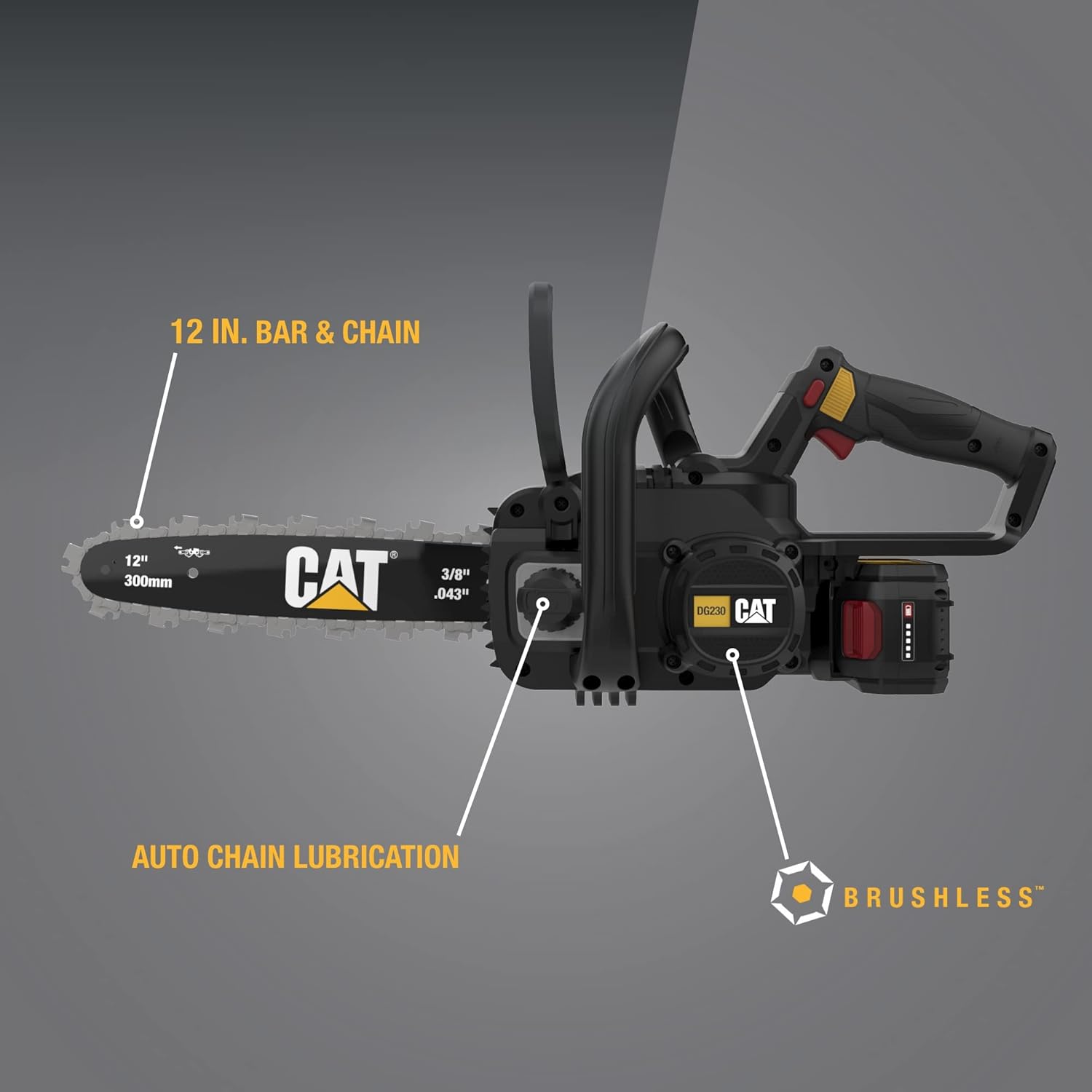 Cat DG230 18V Brushless 12” Chainsaw, Battery Chainsaw with Tool-Free Chain Tensioning, Electric Chainsaw Cordless with Inertia Chain Brake for Safety – Battery & Charger Included1