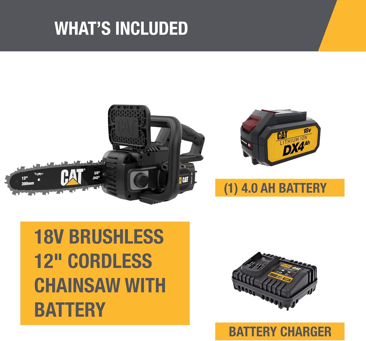 Cat DG230 18V Brushless 12” Chainsaw, Battery Chainsaw with Tool-Free Chain Tensioning, Electric Chainsaw Cordless with Inertia Chain Brake for Safety – Battery & Charger Included19