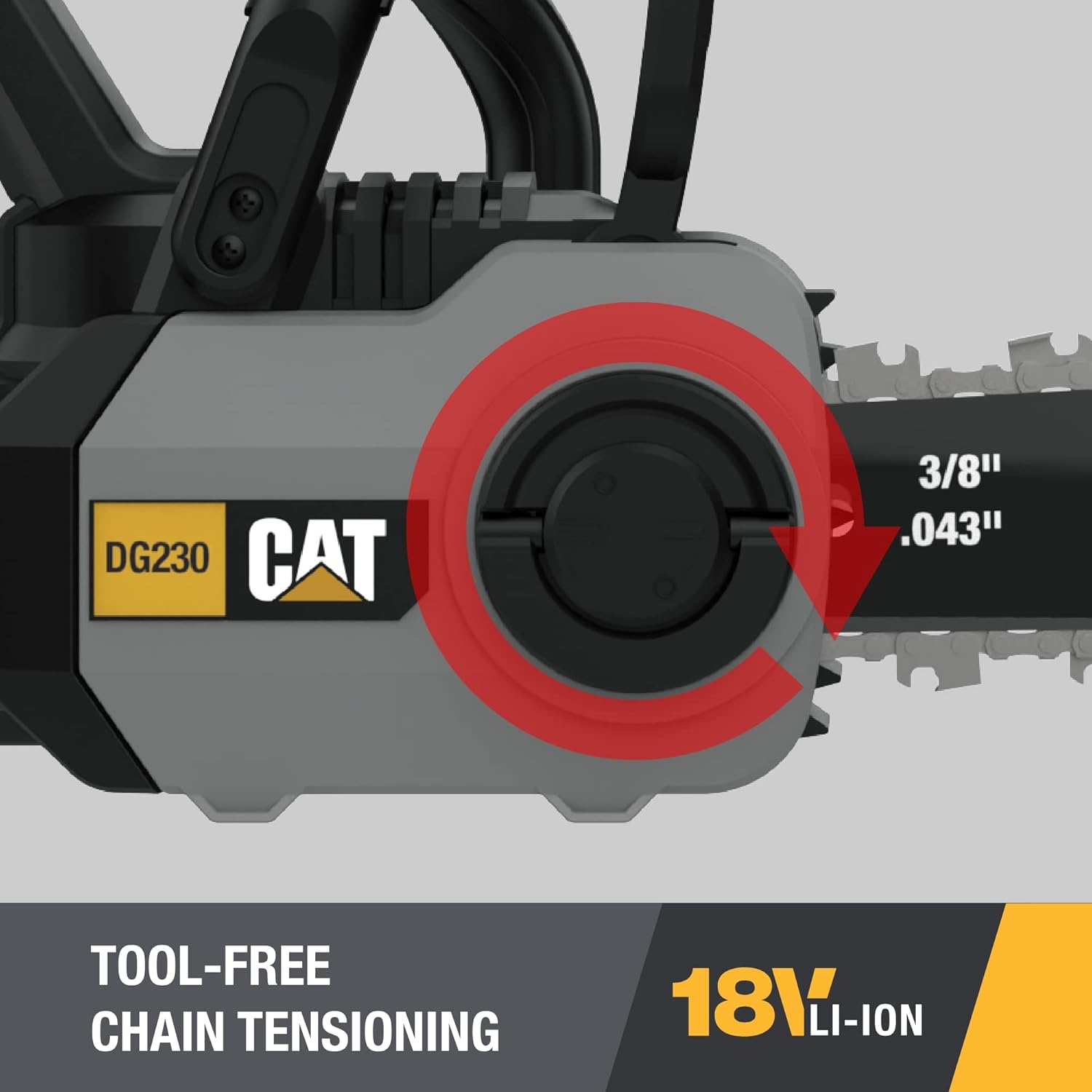 Cat DG230 18V Brushless 12” Chainsaw, Battery Chainsaw with Tool-Free Chain Tensioning, Electric Chainsaw Cordless with Inertia Chain Brake for Safety – Battery & Charger Included9