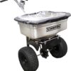 Chapin 82500B Made in The USA 100-pound Stainless Steel Professional Broadcast Salt Spreader, One-Piece Hopper with Rolled Edges, Solid Linkage, Enclosed Metal Gears, 14" Tires, Stainless Steel