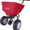 EarthWay 2170 Commercial 100 LB Broadcast Fertilizer Spreader. Red, Heavy-Duty Walk-Behind Push Garden Seeder with Adjustable Drop Rate and Driving Handle. Large 13 inch Pneumatic Stud Tires