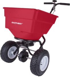 EarthWay 2170 Commercial 100 LB Broadcast Fertilizer Spreader. Red, Heavy-Duty Walk-Behind Push Garden Seeder with Adjustable Drop Rate and Driving Handle. Large 13 inch Pneumatic Stud Tires
