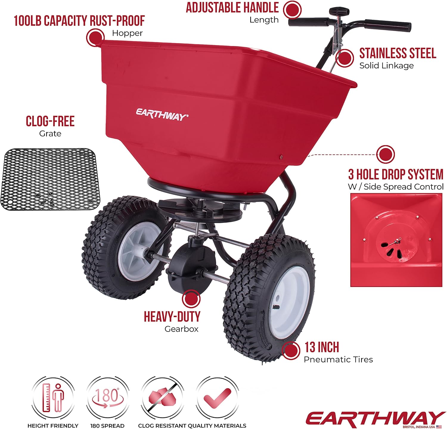 EarthWay 2170 Commercial 100 LB Broadcast Fertilizer Spreader. Red, Heavy-Duty Walk-Behind Push Garden Seeder with Adjustable Drop Rate and Driving Handle. Large 13 inch Pneumatic Stud Tires1