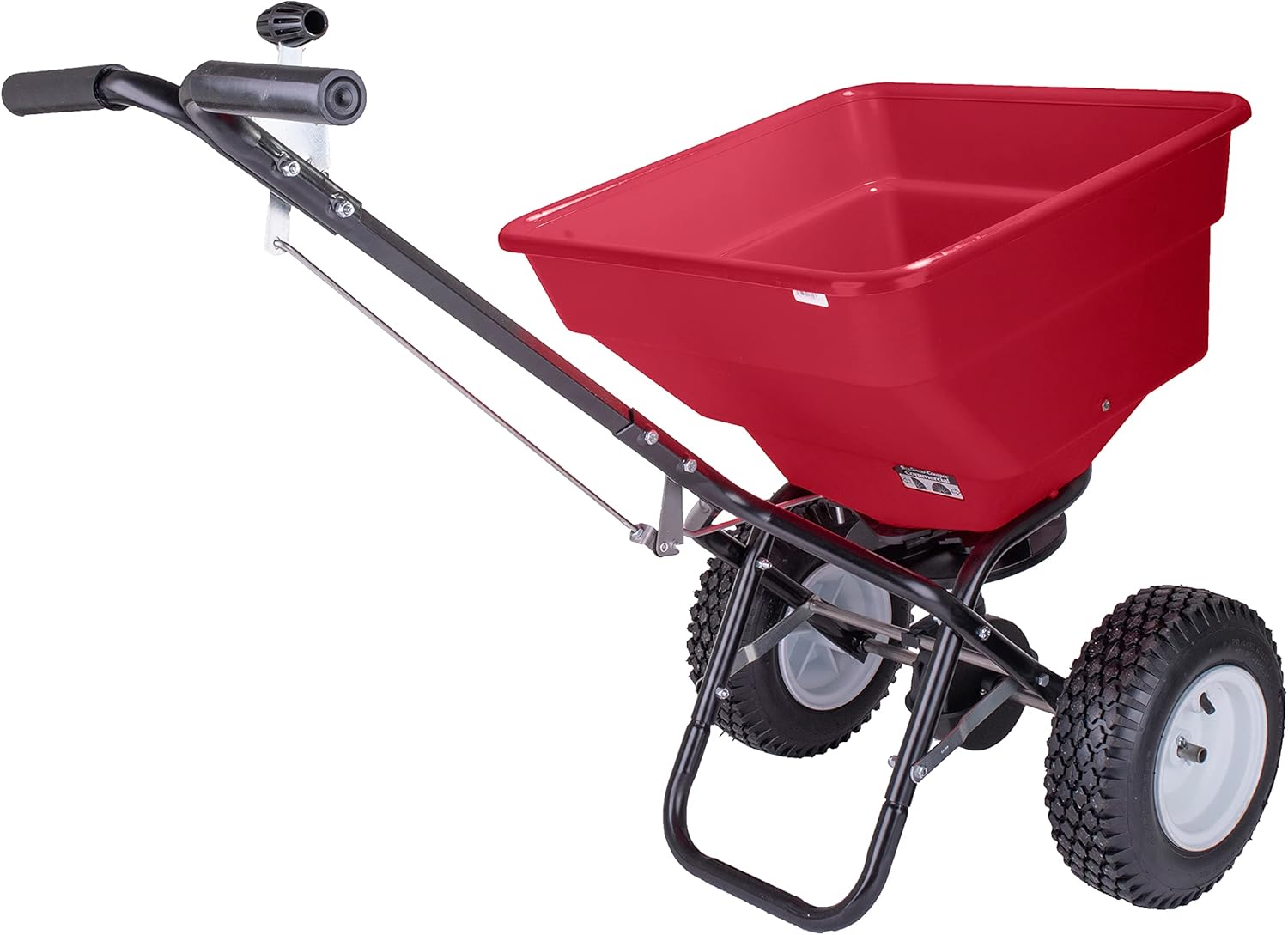 EarthWay 2170 Commercial 100 LB Broadcast Fertilizer Spreader. Red, Heavy-Duty Walk-Behind Push Garden Seeder with Adjustable Drop Rate and Driving Handle. Large 13 inch Pneumatic Stud Tires2