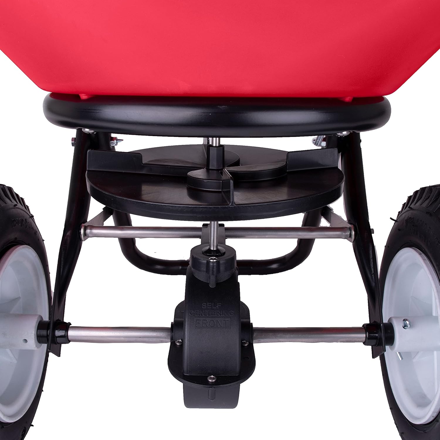 EarthWay 2170 Commercial 100 LB Broadcast Fertilizer Spreader. Red, Heavy-Duty Walk-Behind Push Garden Seeder with Adjustable Drop Rate and Driving Handle. Large 13 inch Pneumatic Stud Tires3