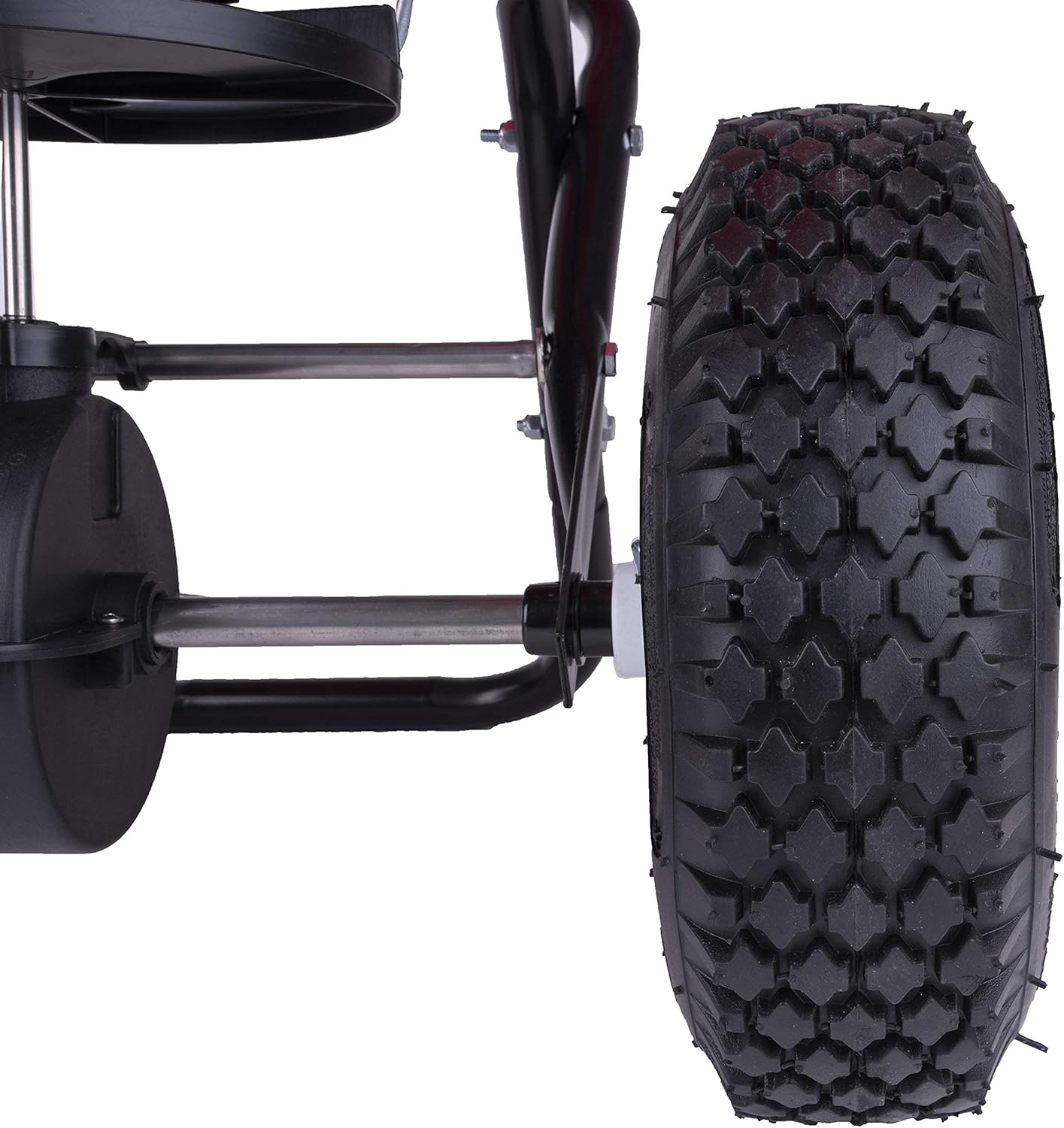 EarthWay 2170 Commercial 100 LB Broadcast Fertilizer Spreader. Red, Heavy-Duty Walk-Behind Push Garden Seeder with Adjustable Drop Rate and Driving Handle. Large 13 inch Pneumatic Stud Tires5