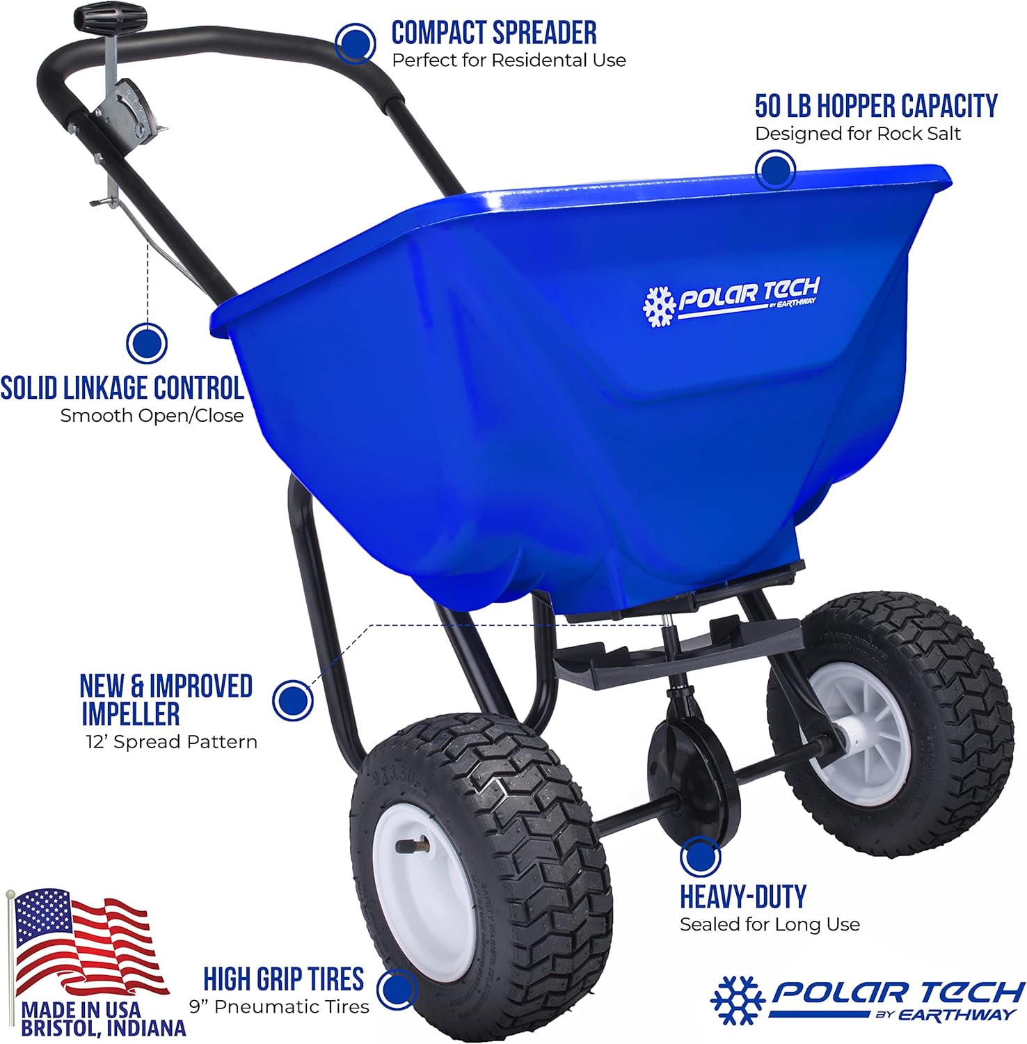 EarthWay Polar Tech 90950 50 LB Professional Ice Melt Broadcast Walk Behind Spreader with 9 Pneumatic Tires, High Output and Solid Linkage Control1