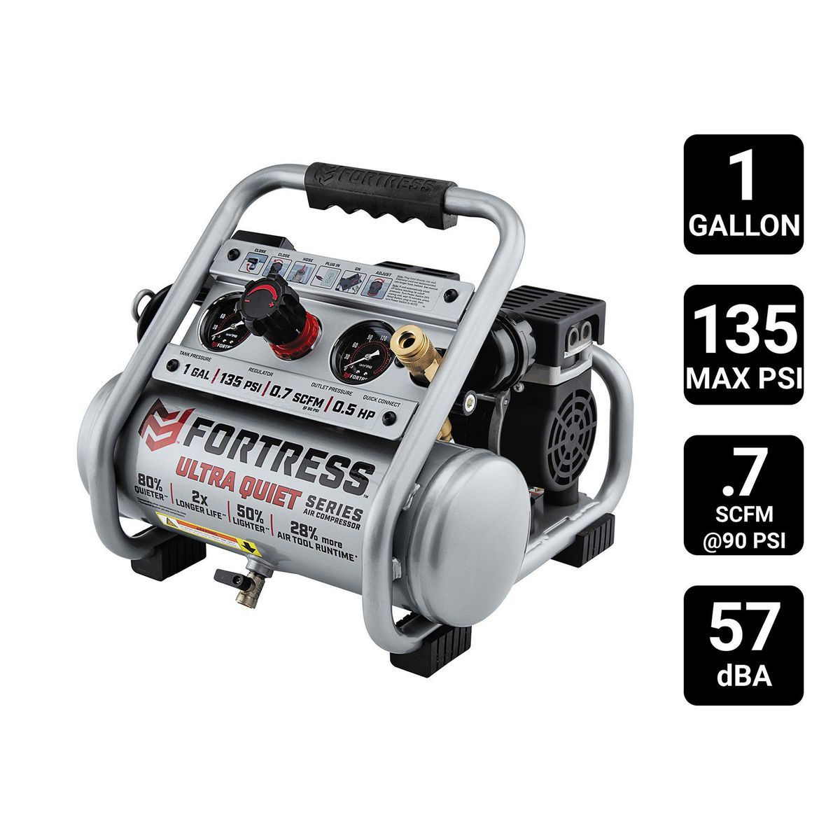 FORTRESS 1 Gallon, 135 PSI Ultra Quiet Oil-Free Hand-Carry Jobsite Air Compressor FORTRESS 1 Gallon, 135 PSI Ultra Quiet Oil-Free Hand-Carry Jobsite Air Compressor
