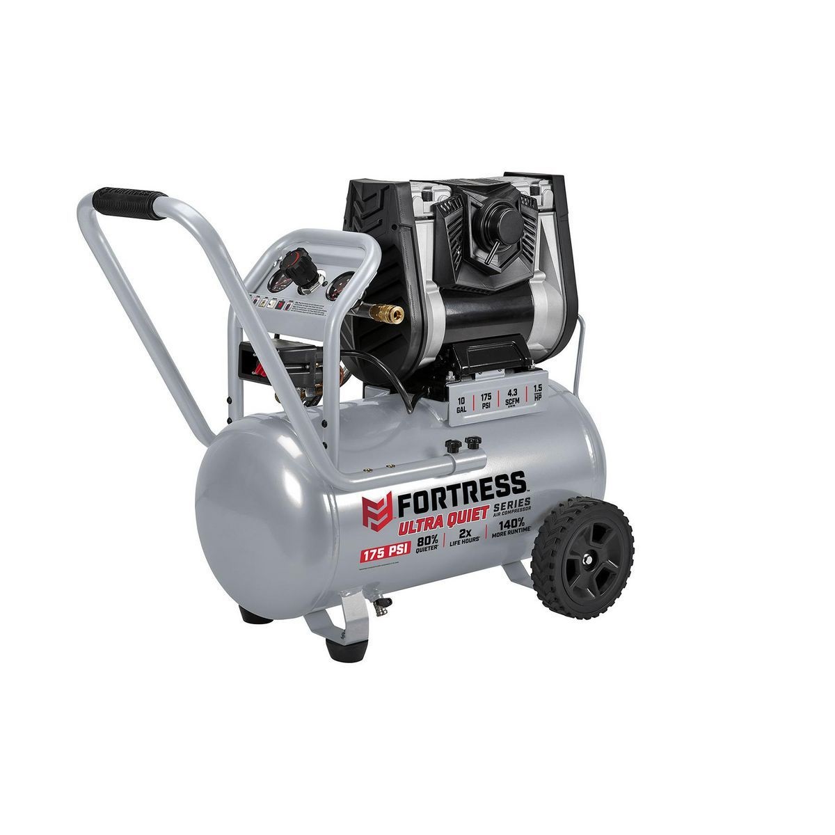 FORTRESS 10 Gallon, 175 PSI Ultra Quiet Oil-Free Horizontal Shop Auto Air Compressor