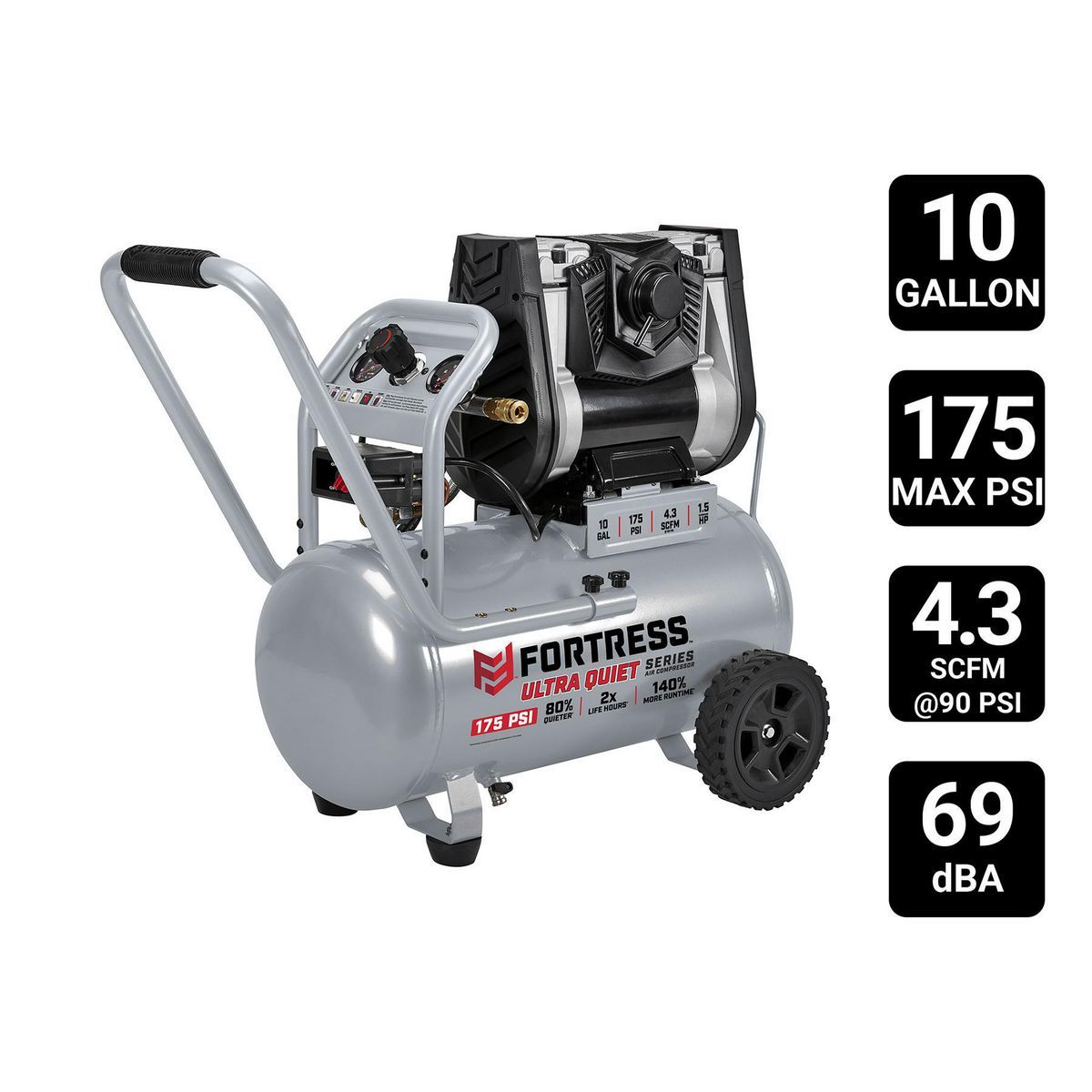 FORTRESS 10 Gallon, 175 PSI Ultra Quiet Oil-Free Horizontal Shop Auto Air Compressor FORTRESS 10 Gallon, 175 PSI Ultra Quiet Oil-Free Horizontal Shop/Auto Air Compressor