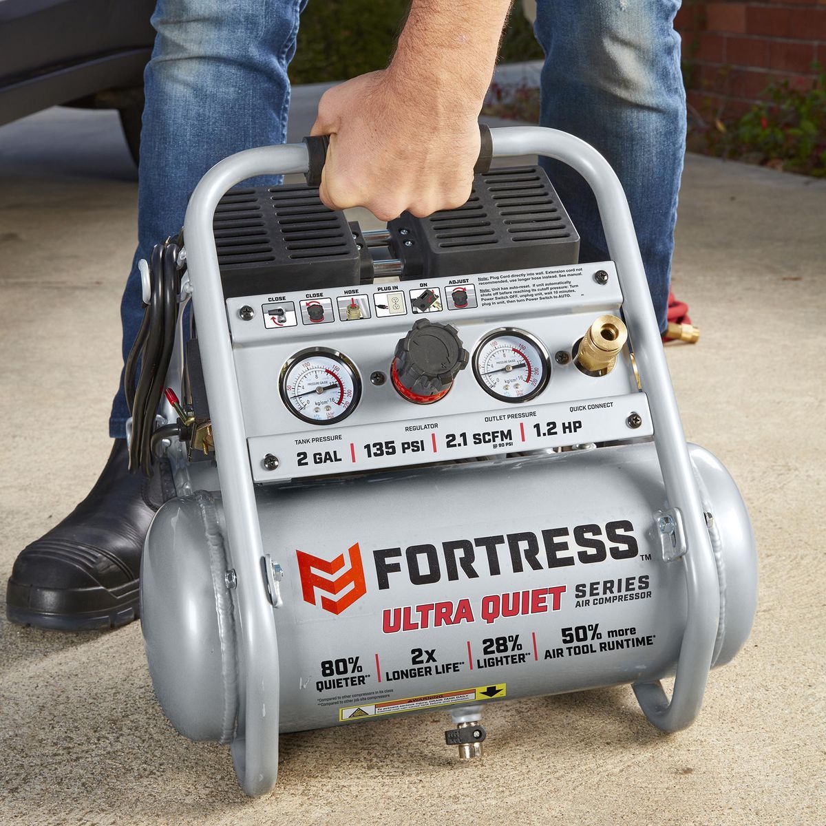 FORTRESS 2 Gallon, 135 PSI Ultra Quiet Oil-Free Hand-Carry Jobsite Air Compressor0