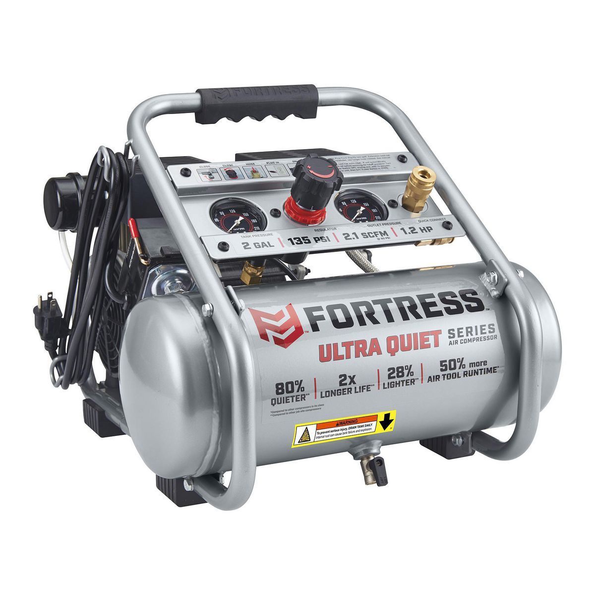 FORTRESS 2 Gallon, 135 PSI Ultra Quiet Oil-Free Hand-Carry Jobsite Air Compressor1