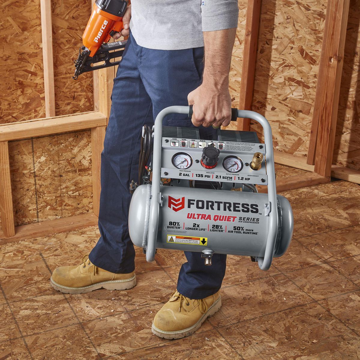 FORTRESS 2 Gallon, 135 PSI Ultra Quiet Oil-Free Hand-Carry Jobsite Air Compressor8